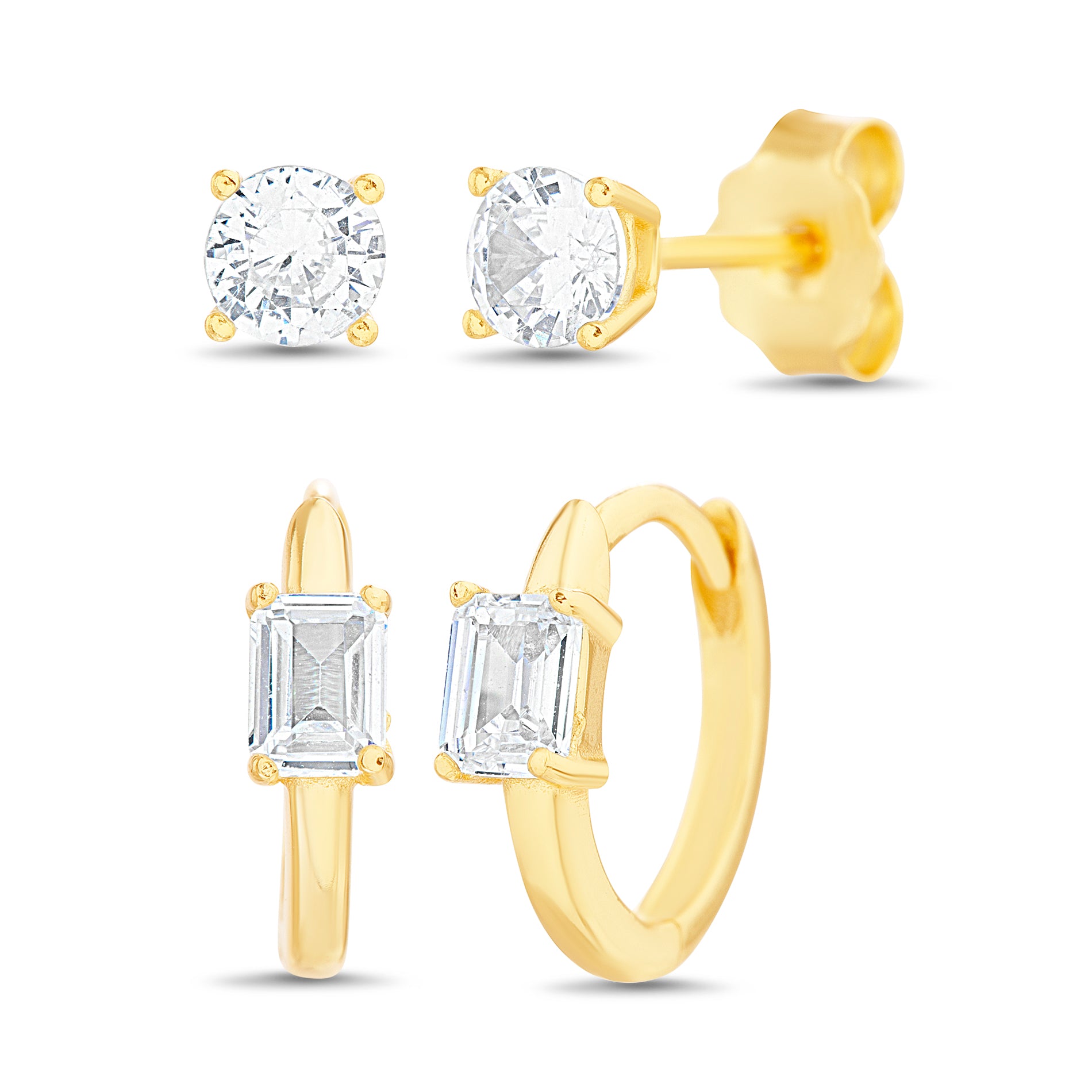 Gold CZ Huggie and Round Stud Earrings Set